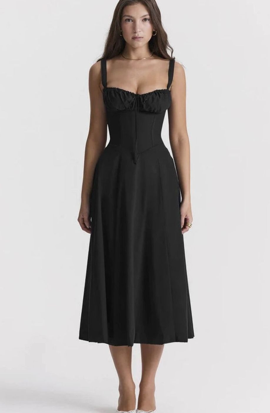 Women's Floral Bustier Midi Sundress Side Slit Flared Skirt - Black