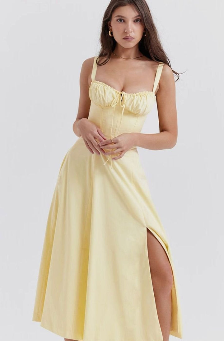 Women's Floral Bustier Midi Sundress Side Slit Flared Skirt - Yellow
