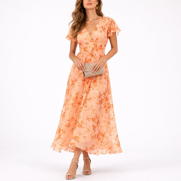 Women's Floral Chiffon Fall Wedding Guest Maxi Dress V-Neck - Orange