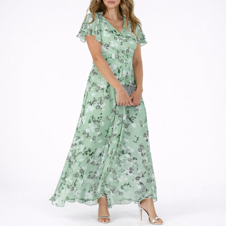 Women's Floral Chiffon Fall Wedding Guest Maxi Dress V-Neck - Green