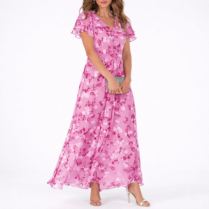Women's Floral Chiffon Fall Wedding Guest Maxi Dress V-Neck - Pink