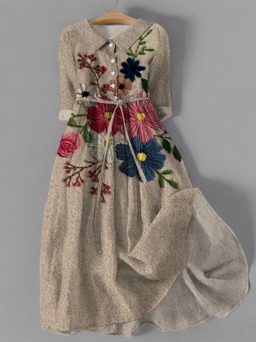 Women's Floral Embroidered Belted Long Sleeve Dress Pockets - As Pictured