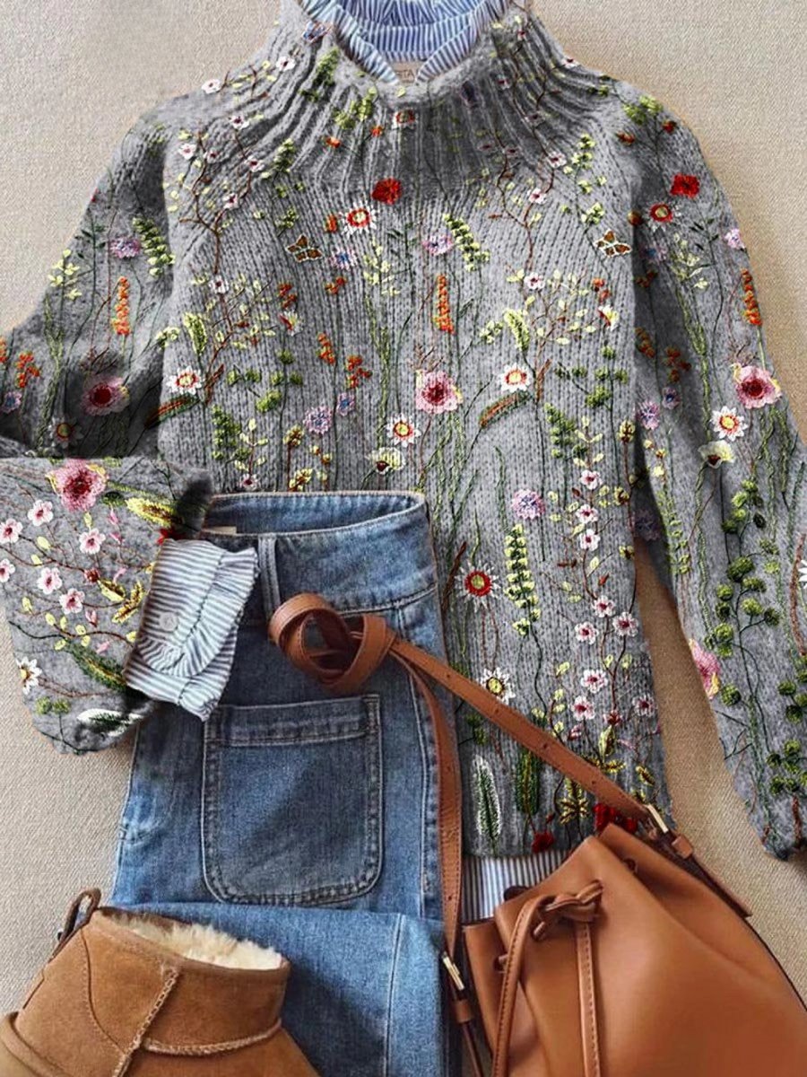 Women's Floral Embroidered Knit Turtleneck Sweater - Multicolour