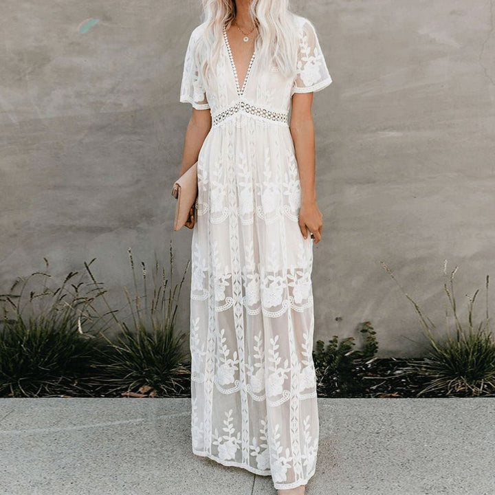 Women's Floral Embroidered V-Neck Lace Maxi Sundress