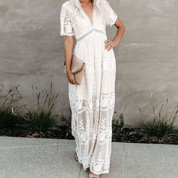 Women's Floral Embroidered V-Neck Lace Maxi Sundress