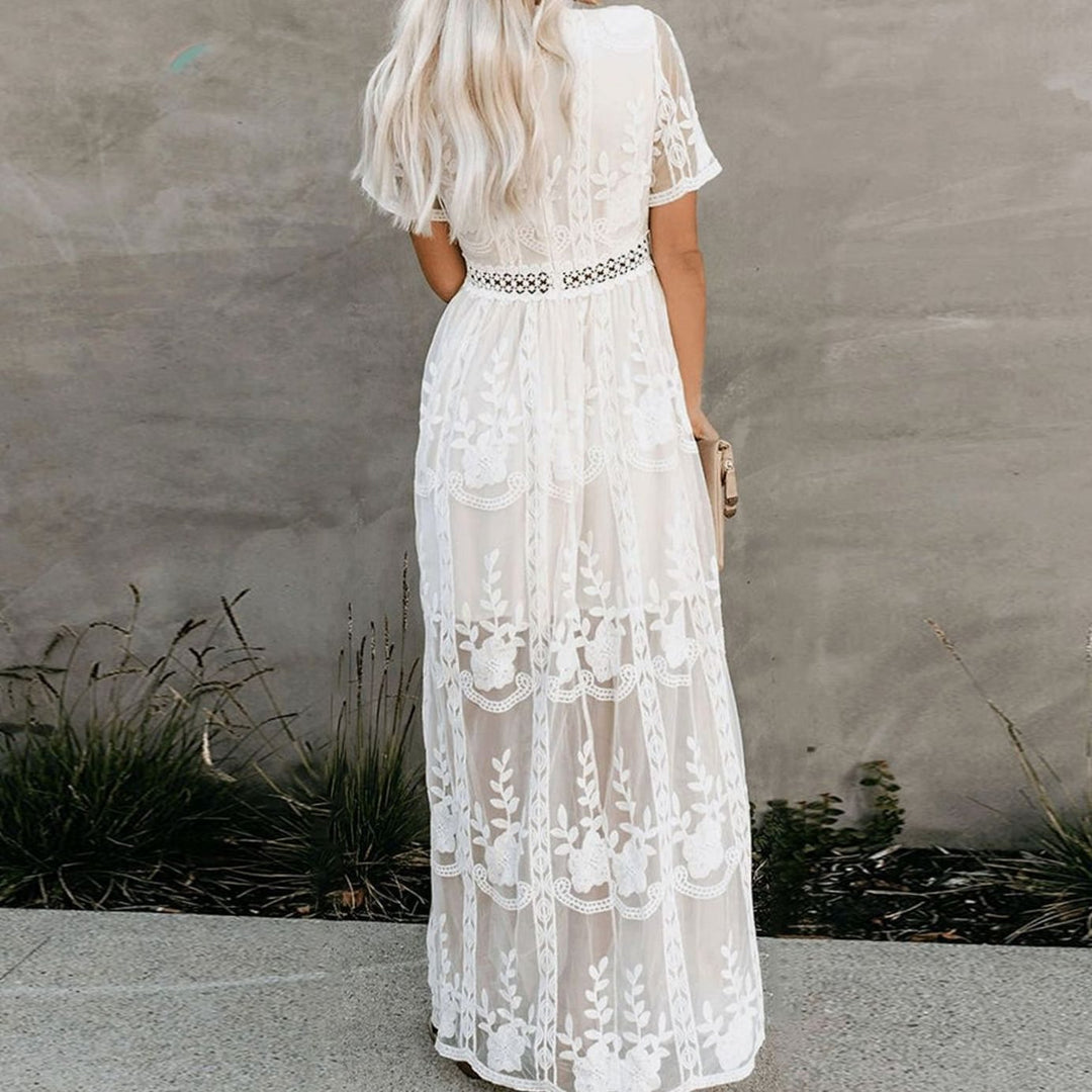 Women's Floral Embroidered V-Neck Lace Maxi Sundress