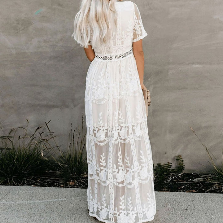 Women's Floral Embroidered V-Neck Lace Maxi Sundress