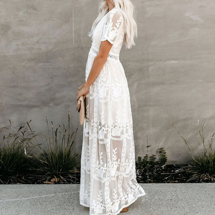Women's Floral Embroidered V-Neck Lace Maxi Sundress
