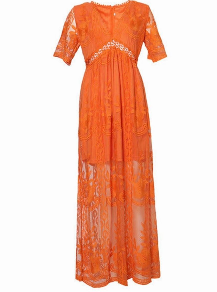 Women's Floral Embroidered V-Neck Lace Maxi Sundress