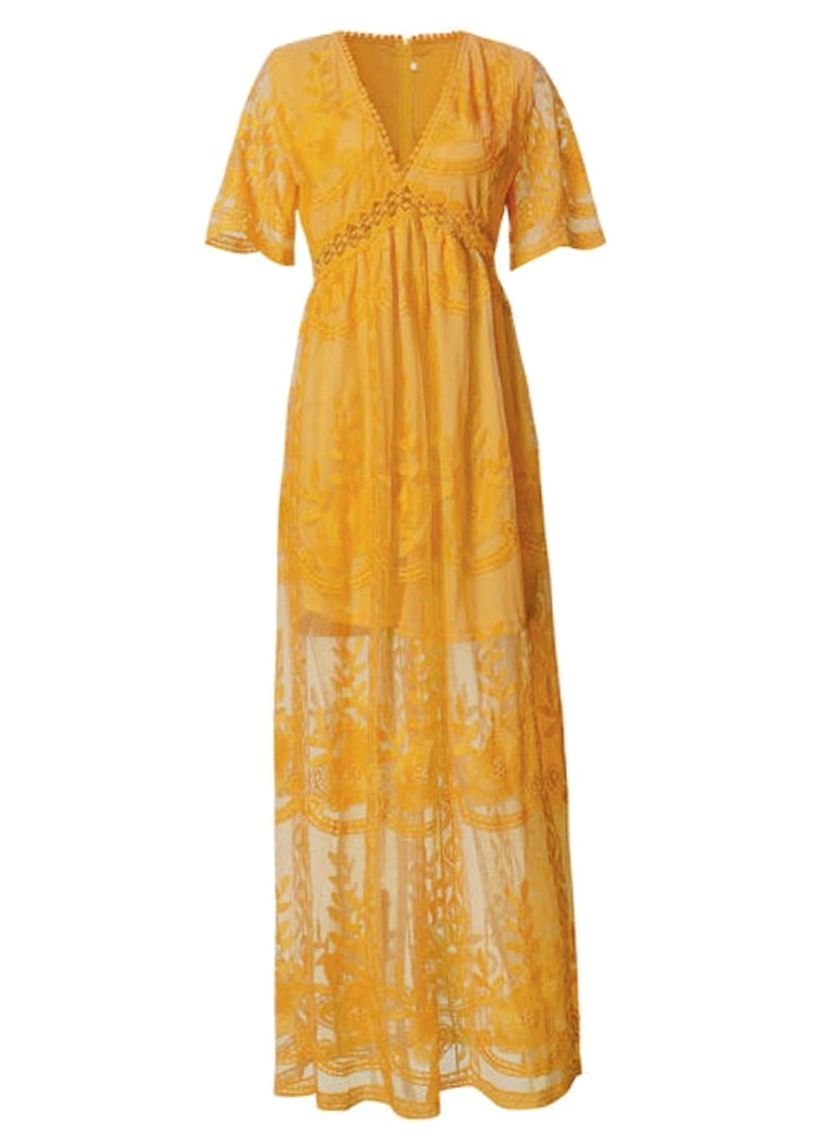 Women's Floral Embroidered V-Neck Lace Maxi Sundress