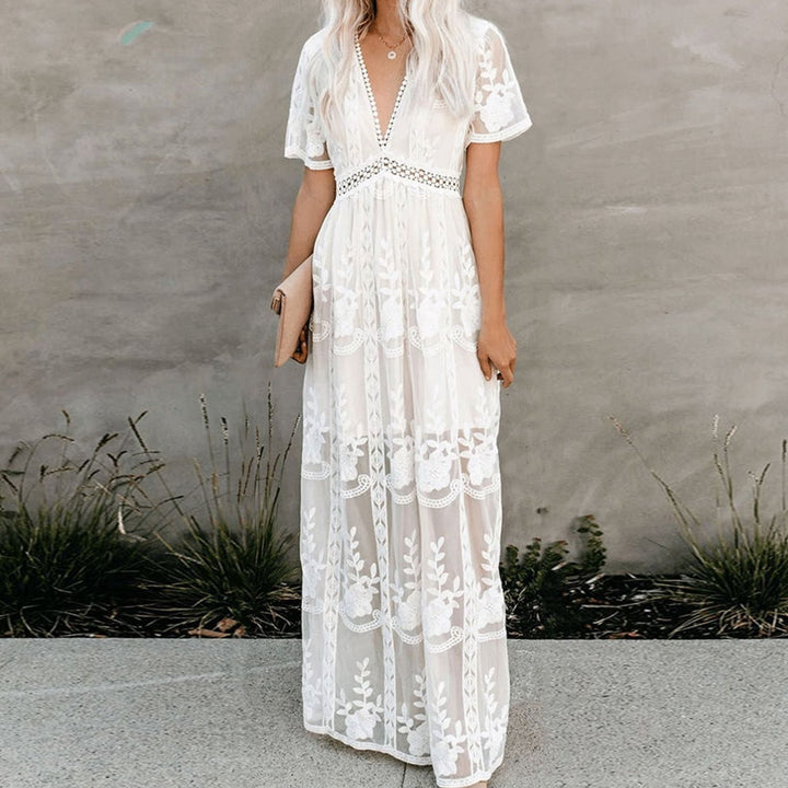 Women's Floral Embroidered V-Neck Lace Maxi Sundress - White