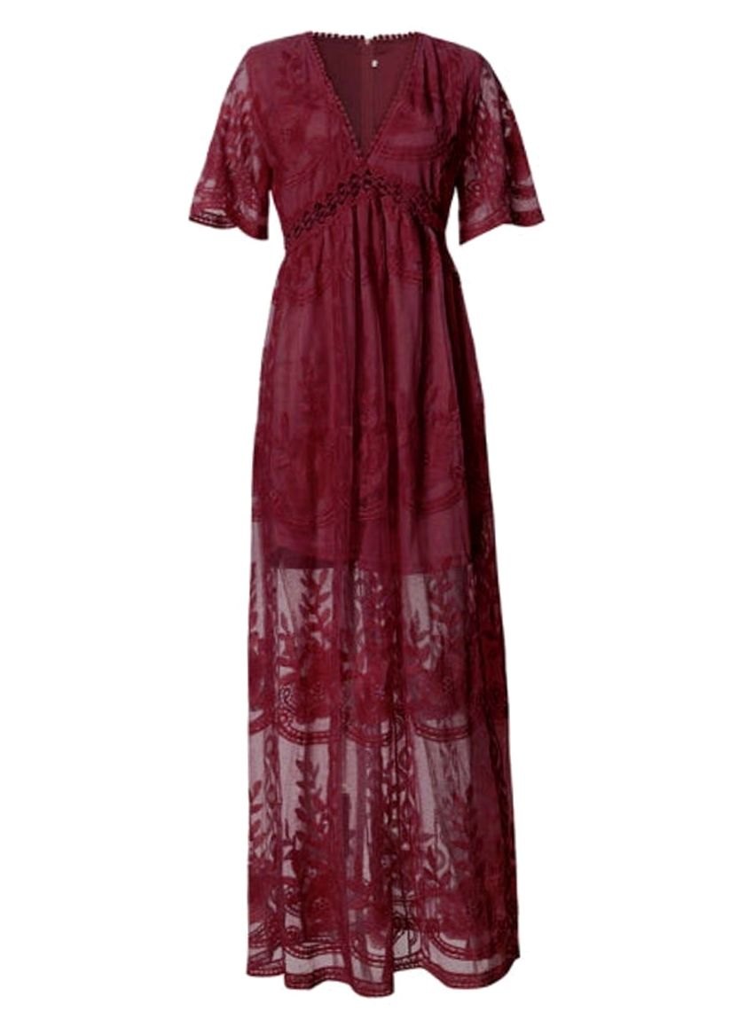 Women's Floral Embroidered V-Neck Lace Maxi Sundress