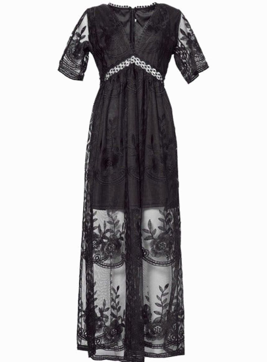 Women's Floral Embroidered V-Neck Lace Maxi Sundress - Black