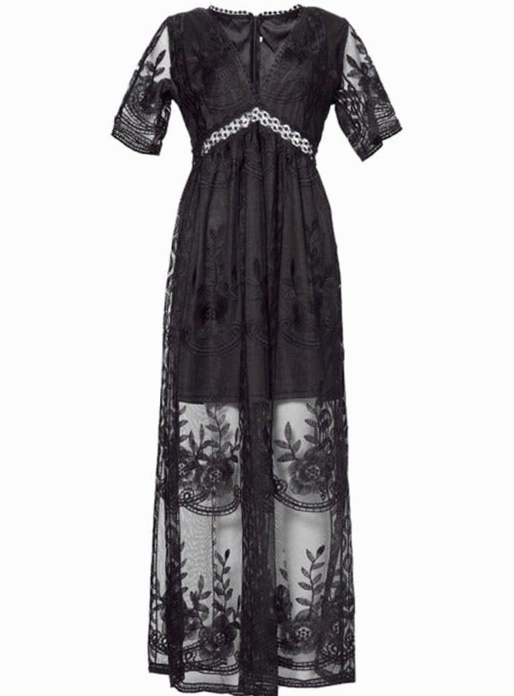 Women's Floral Embroidered V-Neck Lace Maxi Sundress - Black