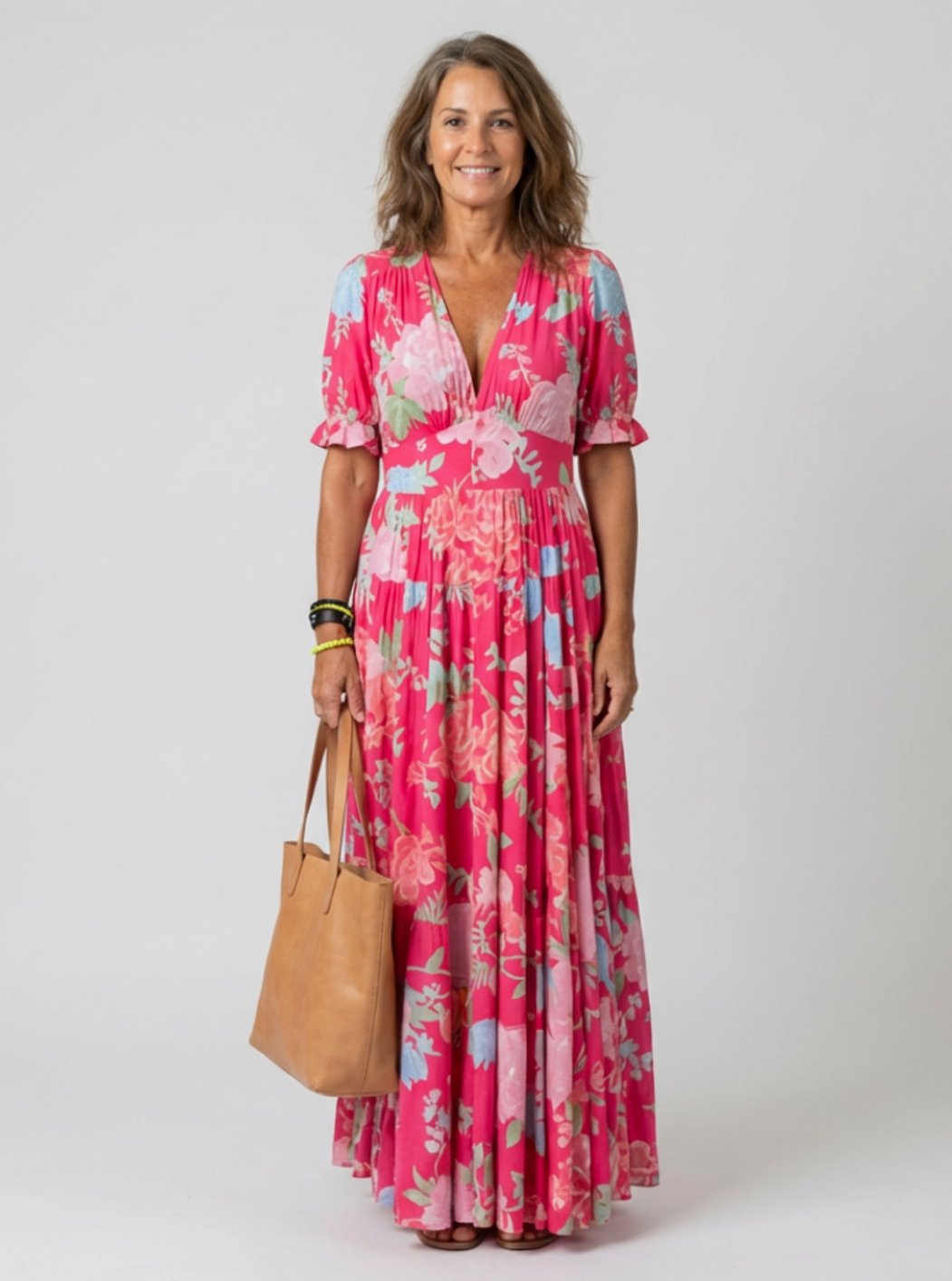 Women's Floral Flutter-Sleeve V-Neck Spring Dress - Pink