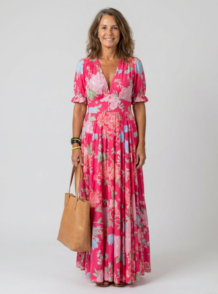 Women's Floral Flutter-Sleeve V-Neck Spring Dress - Pink