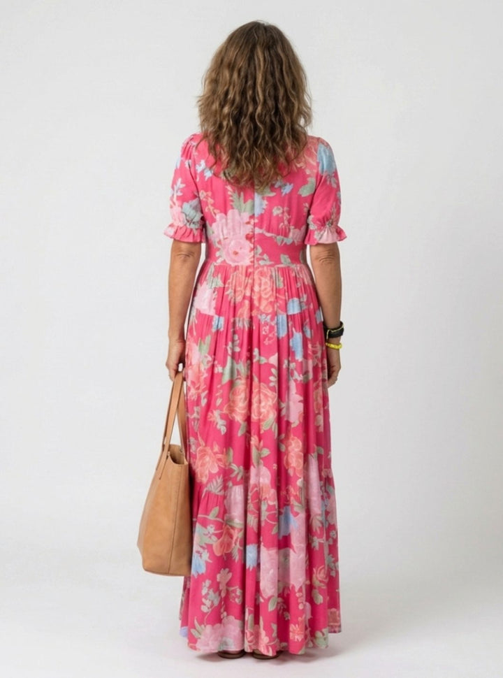 Women's Floral Flutter-Sleeve V-Neck Spring Dress