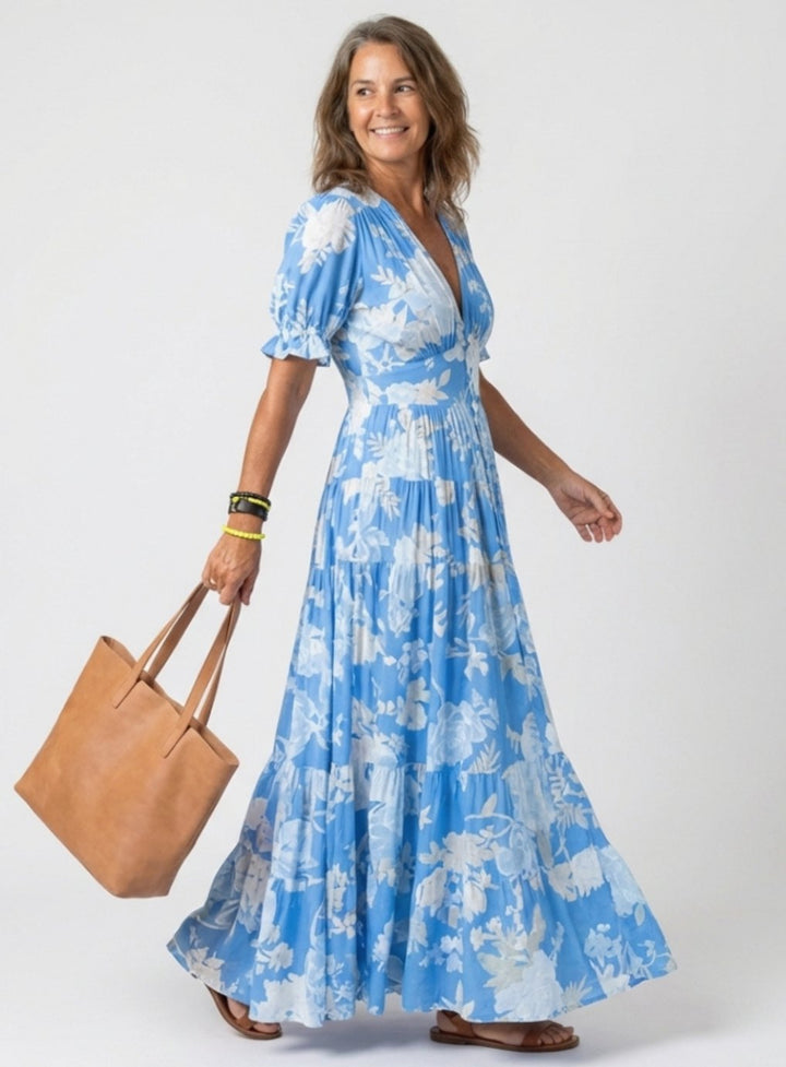 Women's Floral Flutter-Sleeve V-Neck Spring Dress - Sky Blue