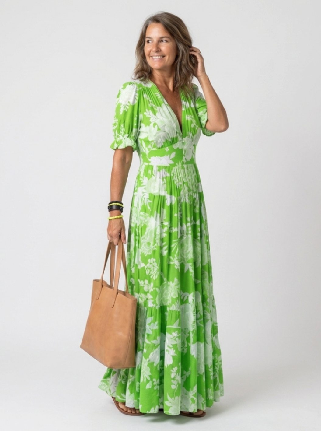 Women's Floral Flutter-Sleeve V-Neck Spring Dress - Green