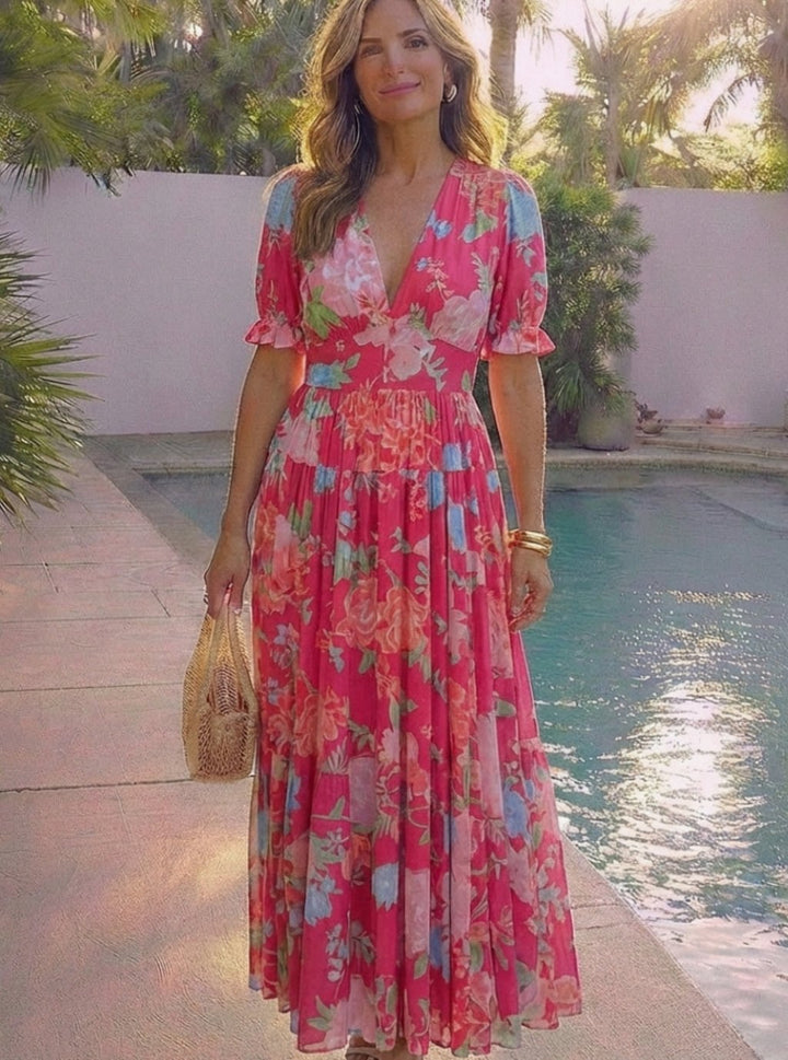 Women's Floral Flutter-Sleeve V-Neck Spring Dress