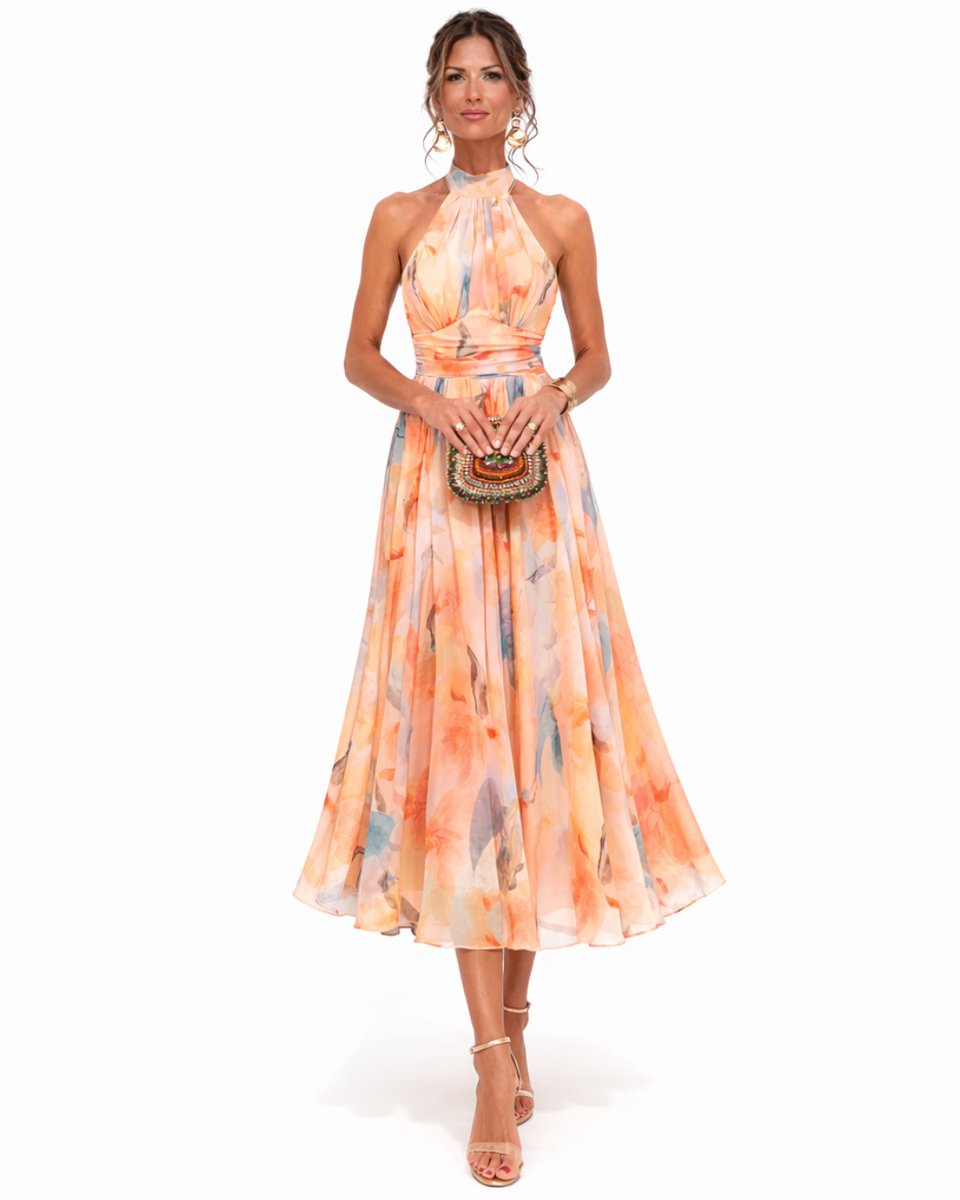 Women's Floral Halter Neck Chiffon Midi Dress