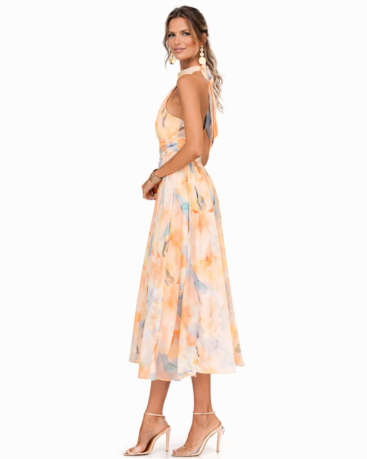 Women's Floral Halter Neck Chiffon Midi Dress
