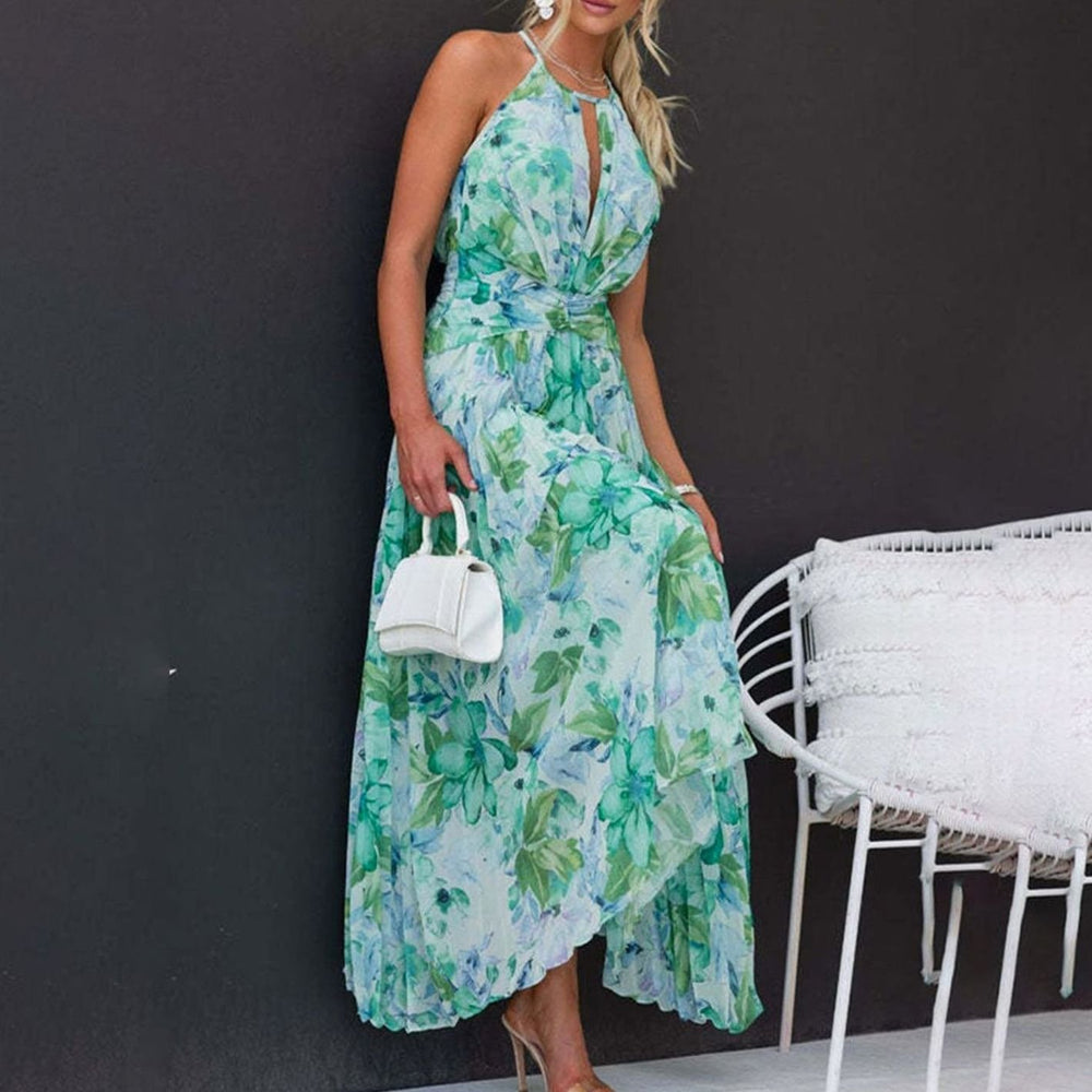Women's Floral Halter-Neck Pleated Maxi Sundress