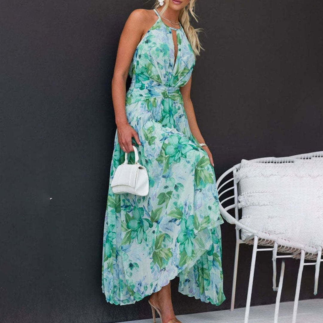 Women's Floral Halter-Neck Pleated Maxi Sundress