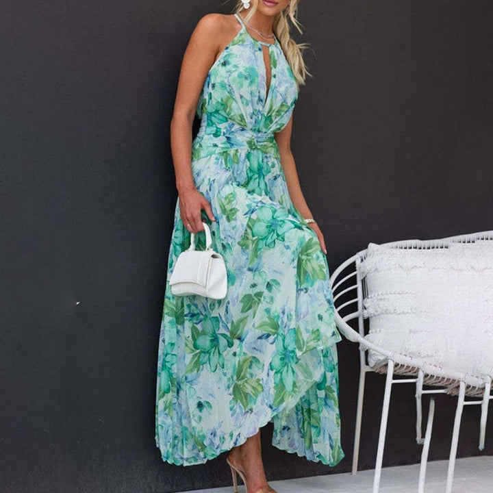 Women's Floral Halter-Neck Pleated Maxi Sundress