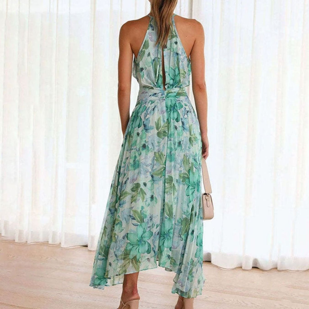 Women's Floral Halter-Neck Pleated Maxi Sundress
