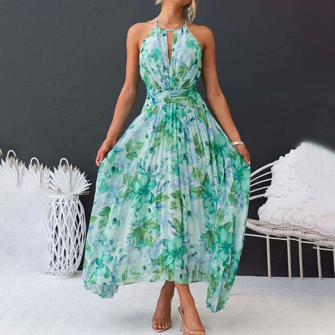 Women's Floral Halter-Neck Pleated Maxi Sundress