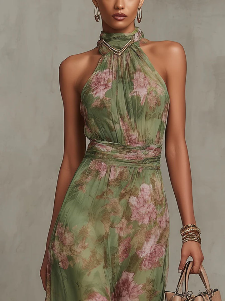 Women's Floral Halterneck Chiffon Midi Dress