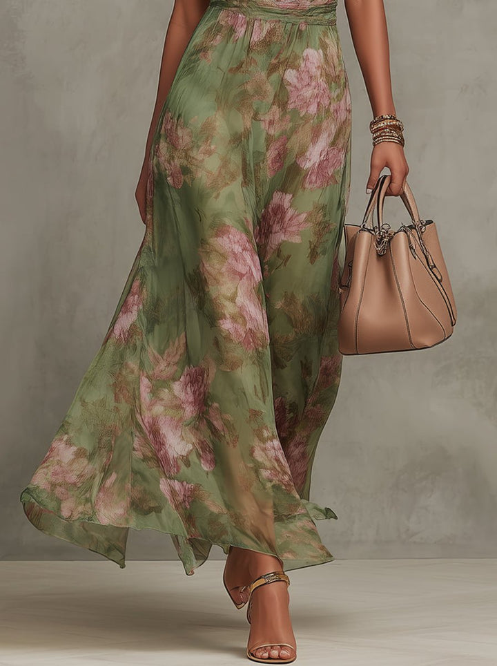 Women's Floral Halterneck Chiffon Midi Dress