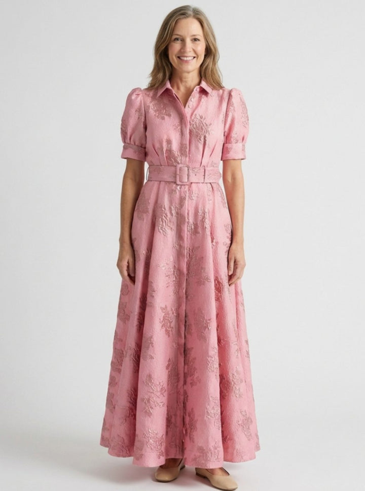 Women's Floral Jacquard Belted Maxi Spring Dress Collared Shirt - Pink
