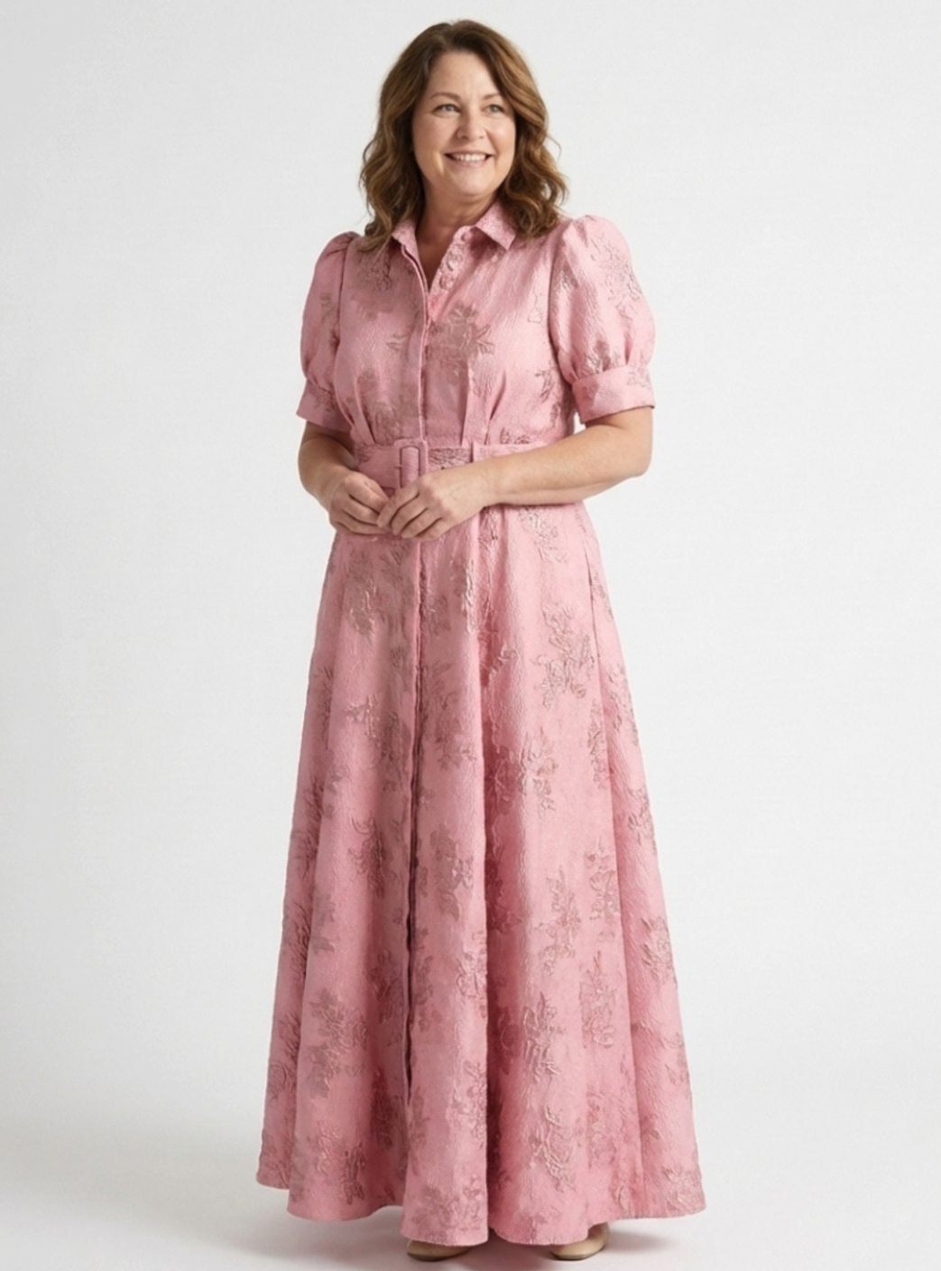 Women's Floral Jacquard Belted Maxi Spring Dress Collared Shirt