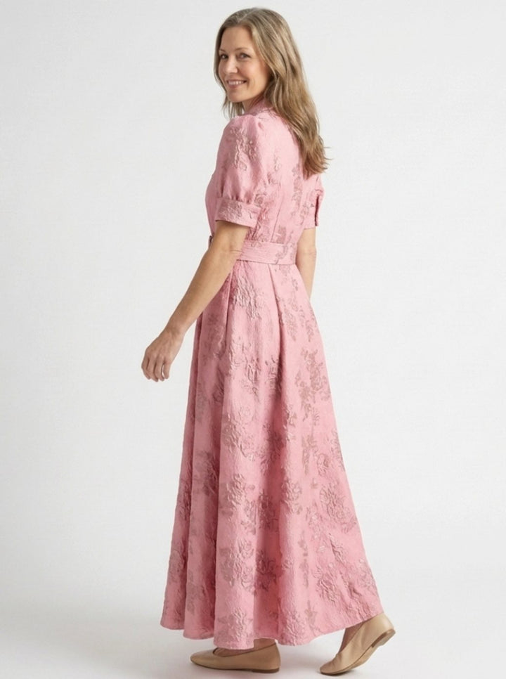 Women's Floral Jacquard Belted Maxi Spring Dress Collared Shirt