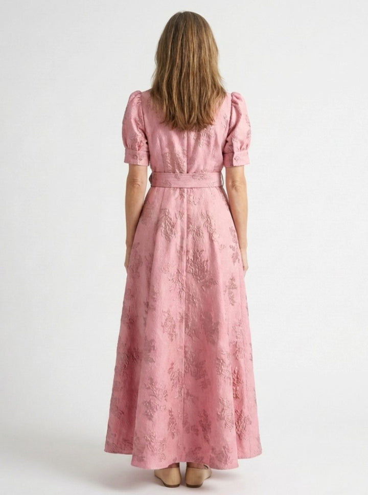 Women's Floral Jacquard Belted Maxi Spring Dress Collared Shirt