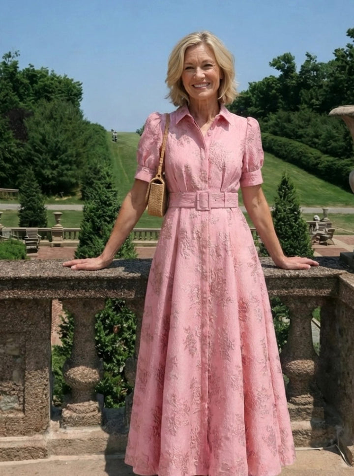 Women's Floral Jacquard Belted Maxi Spring Dress Collared Shirt