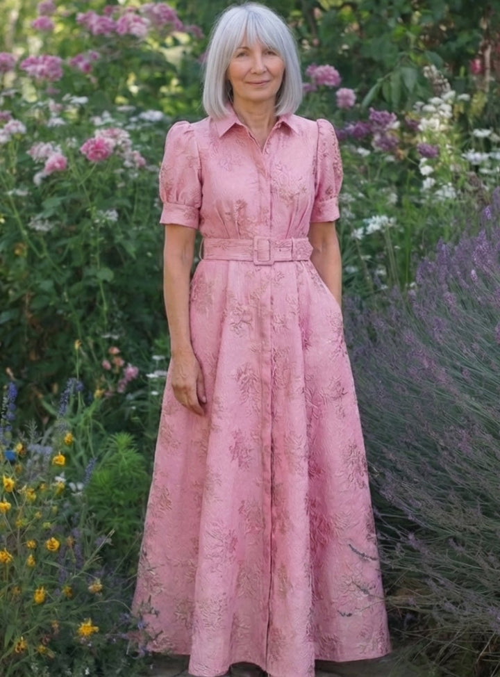 Women's Floral Jacquard Belted Maxi Spring Dress Collared Shirt