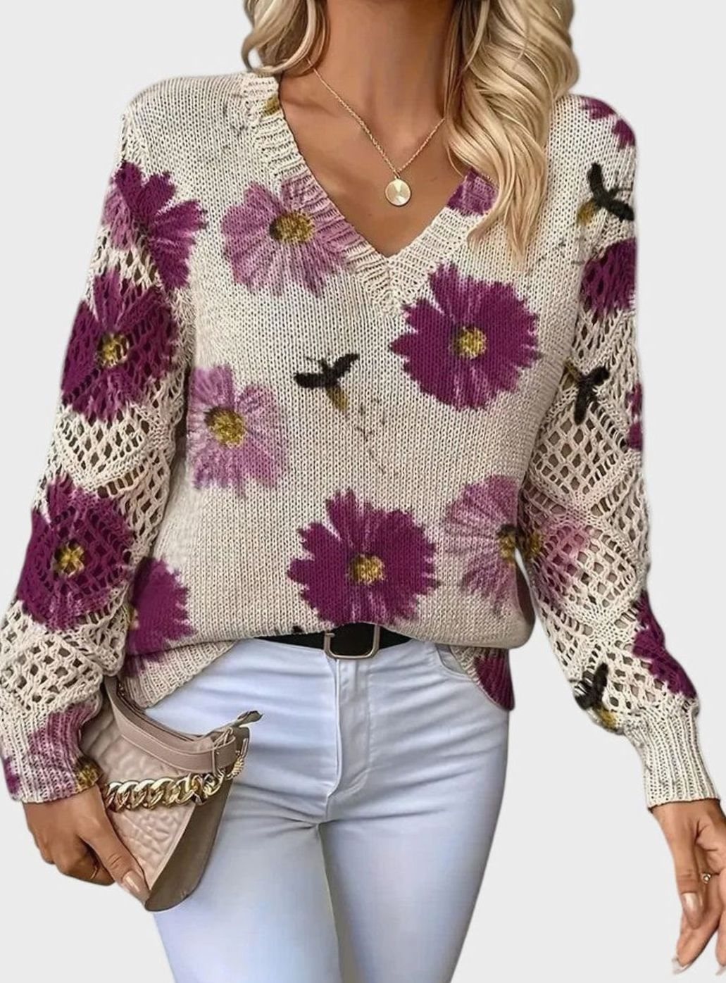 Women's Floral Knit V-Neck Crochet Sleeve Pullover Sweater - Purple