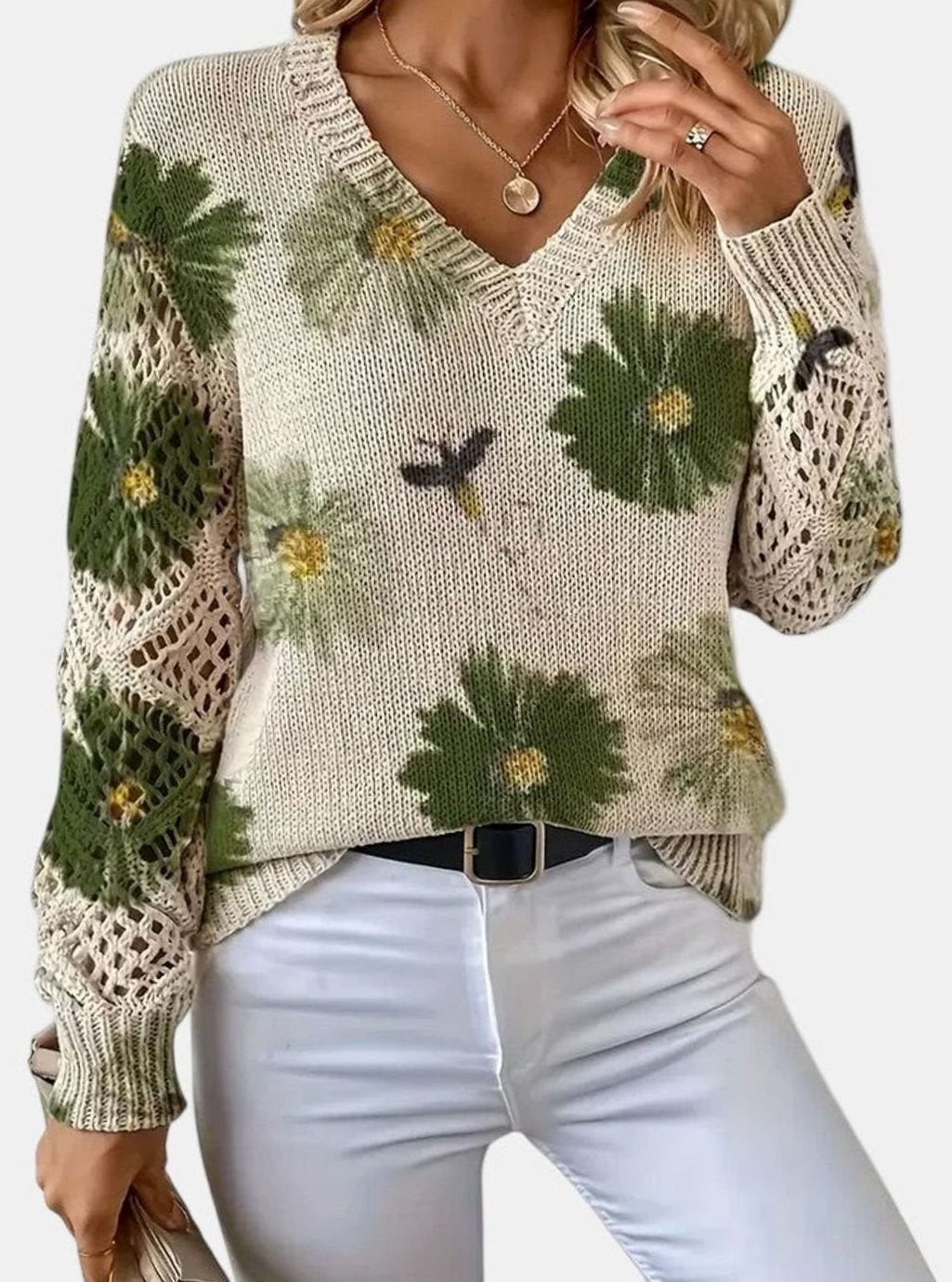 Women's Floral Knit V-Neck Crochet Sleeve Pullover Sweater
