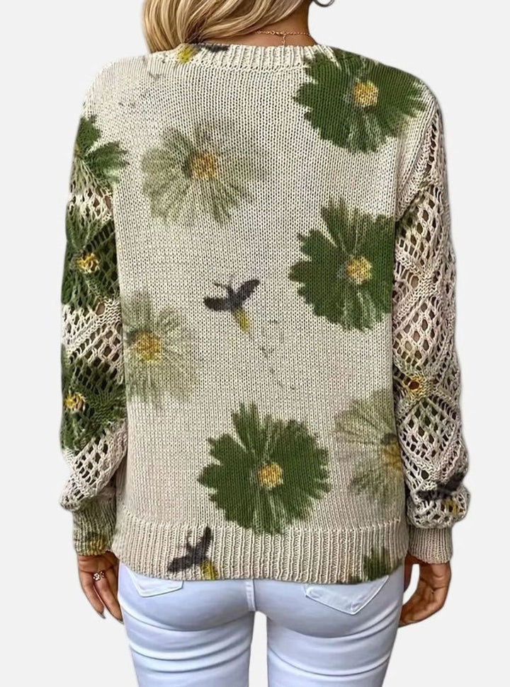 Women's Floral Knit V-Neck Crochet Sleeve Pullover Sweater