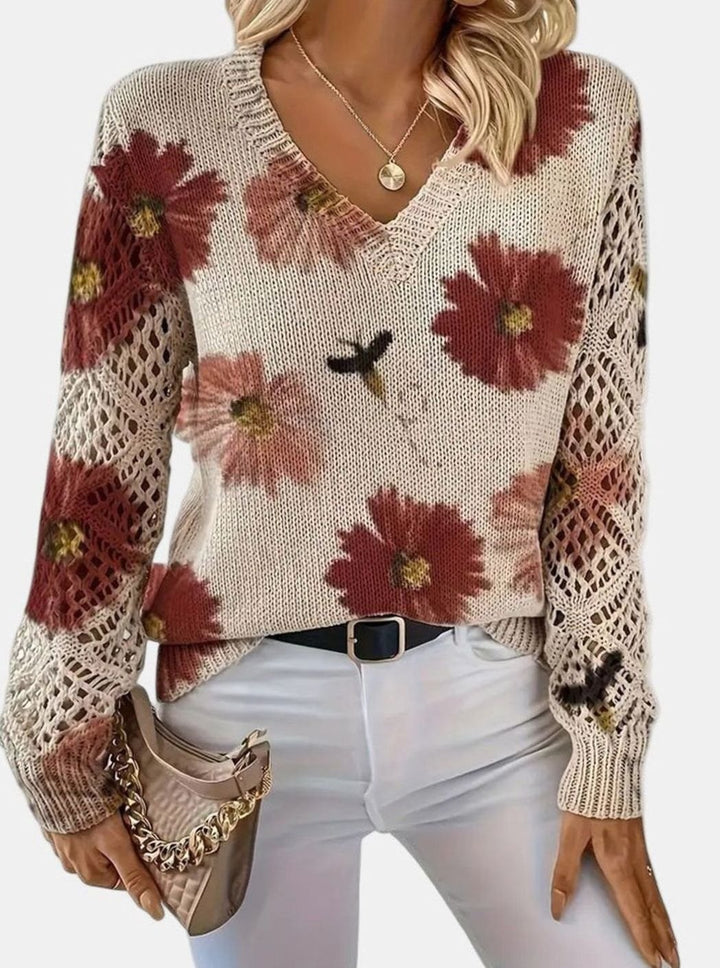 Women's Floral Knit V-Neck Crochet Sleeve Pullover Sweater