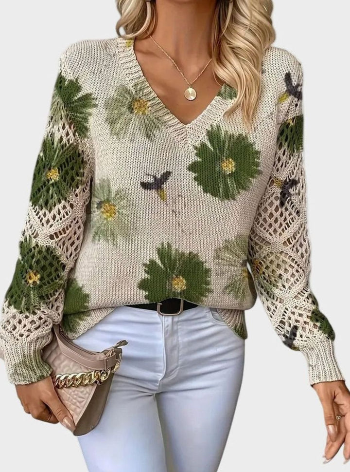Women's Floral Knit V-Neck Crochet Sleeve Pullover Sweater - Green