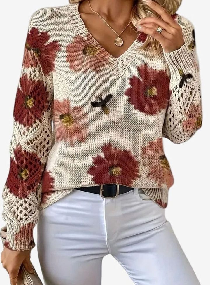 Women's Floral Knit V-Neck Crochet Sleeve Pullover Sweater