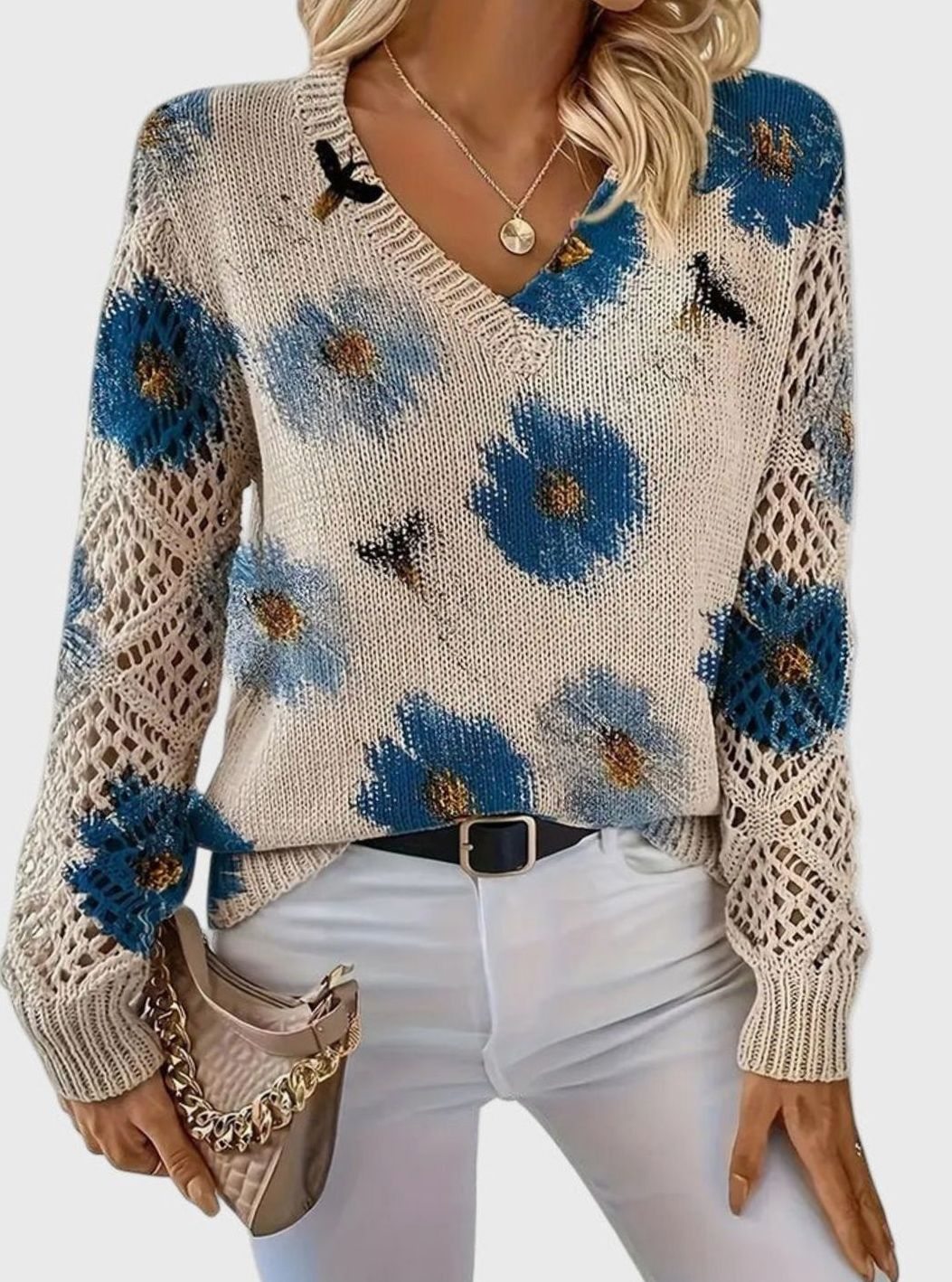 Women's Floral Knit V-Neck Crochet Sleeve Pullover Sweater