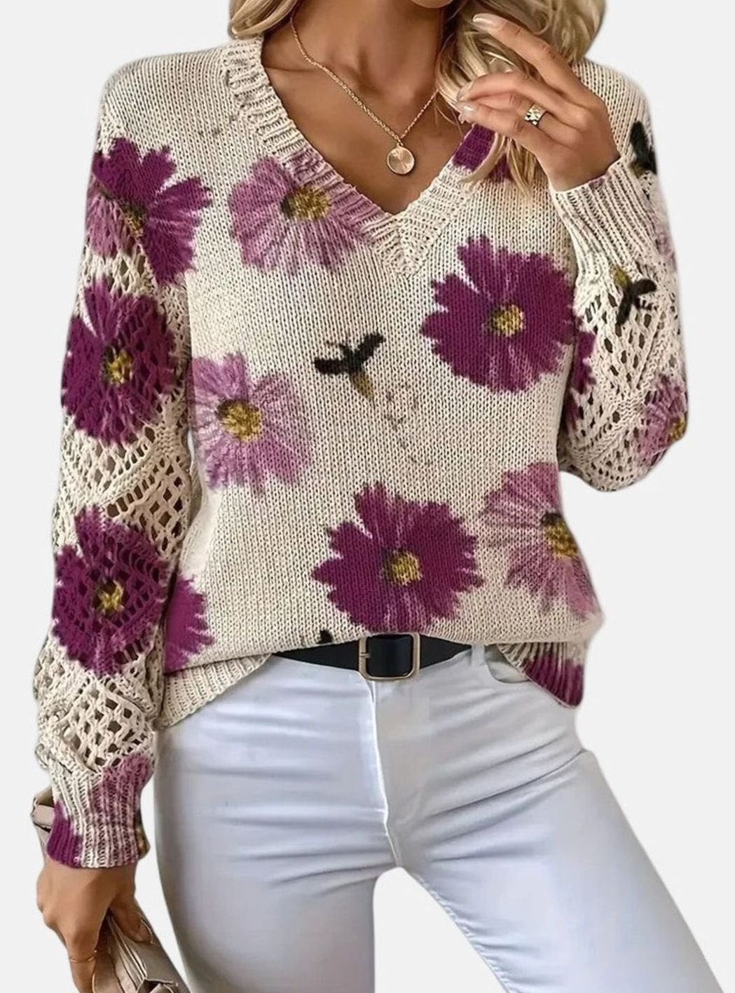 Women's Floral Knit V-Neck Crochet Sleeve Pullover Sweater