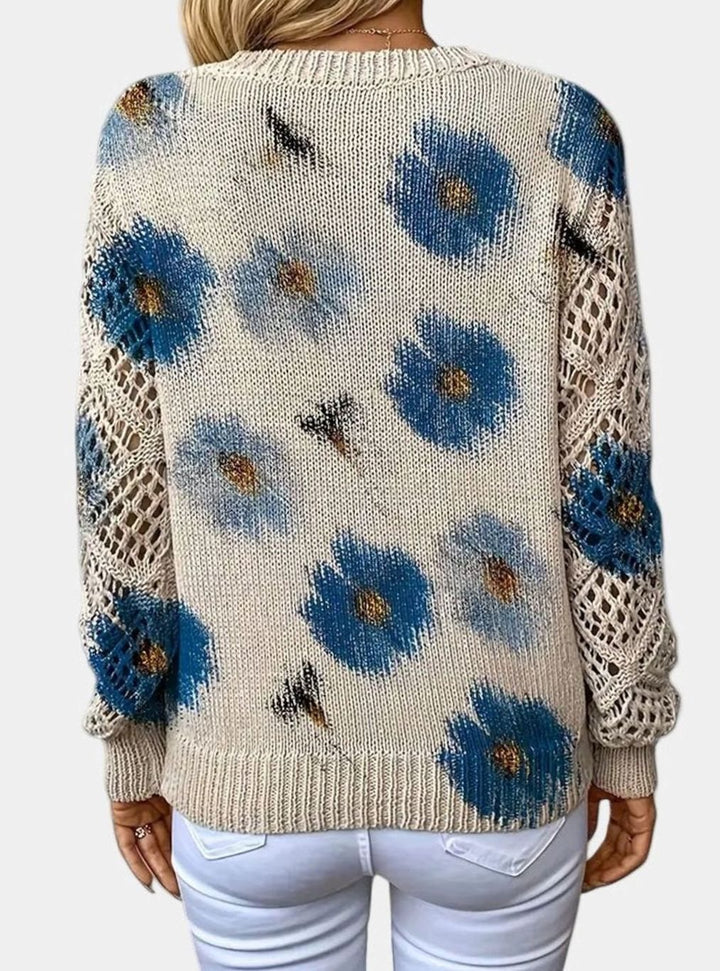 Women's Floral Knit V-Neck Crochet Sleeve Pullover Sweater
