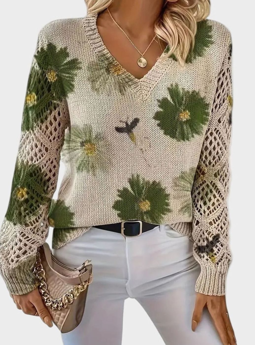 Women's Floral Knit V-Neck Crochet Sleeve Pullover Sweater
