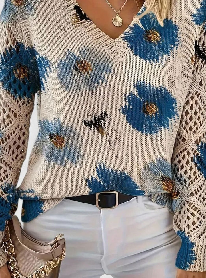 Women's Floral Knit V-Neck Crochet Sleeve Pullover Sweater